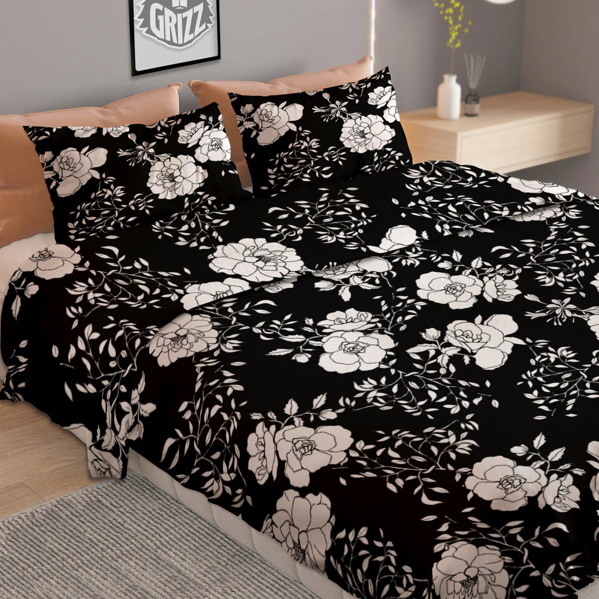 Black Vintage And White Floral Print Pattern Duvet Cover Bedding Set - Image 2