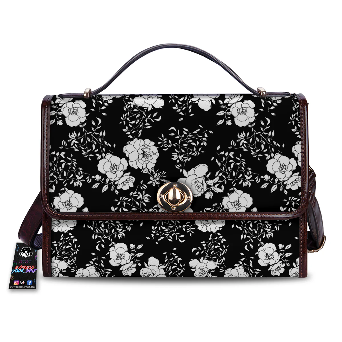 Black Vintage And White Floral Print Pattern Women's Satchel Bag