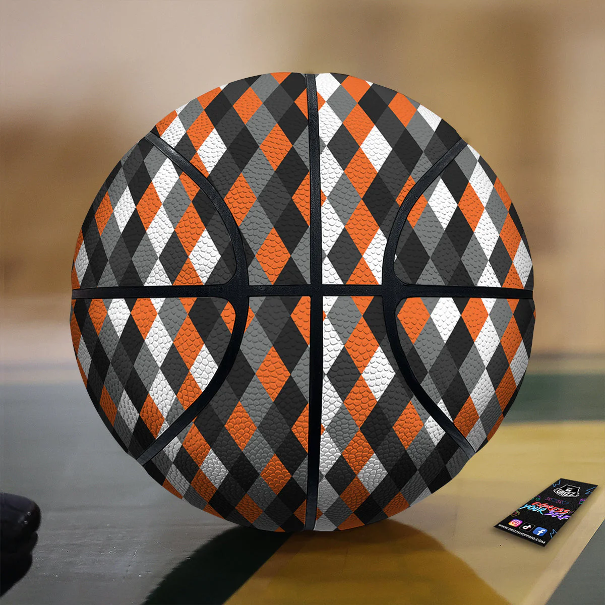 Black White And Orange Harlequin Print Pattern Basketball