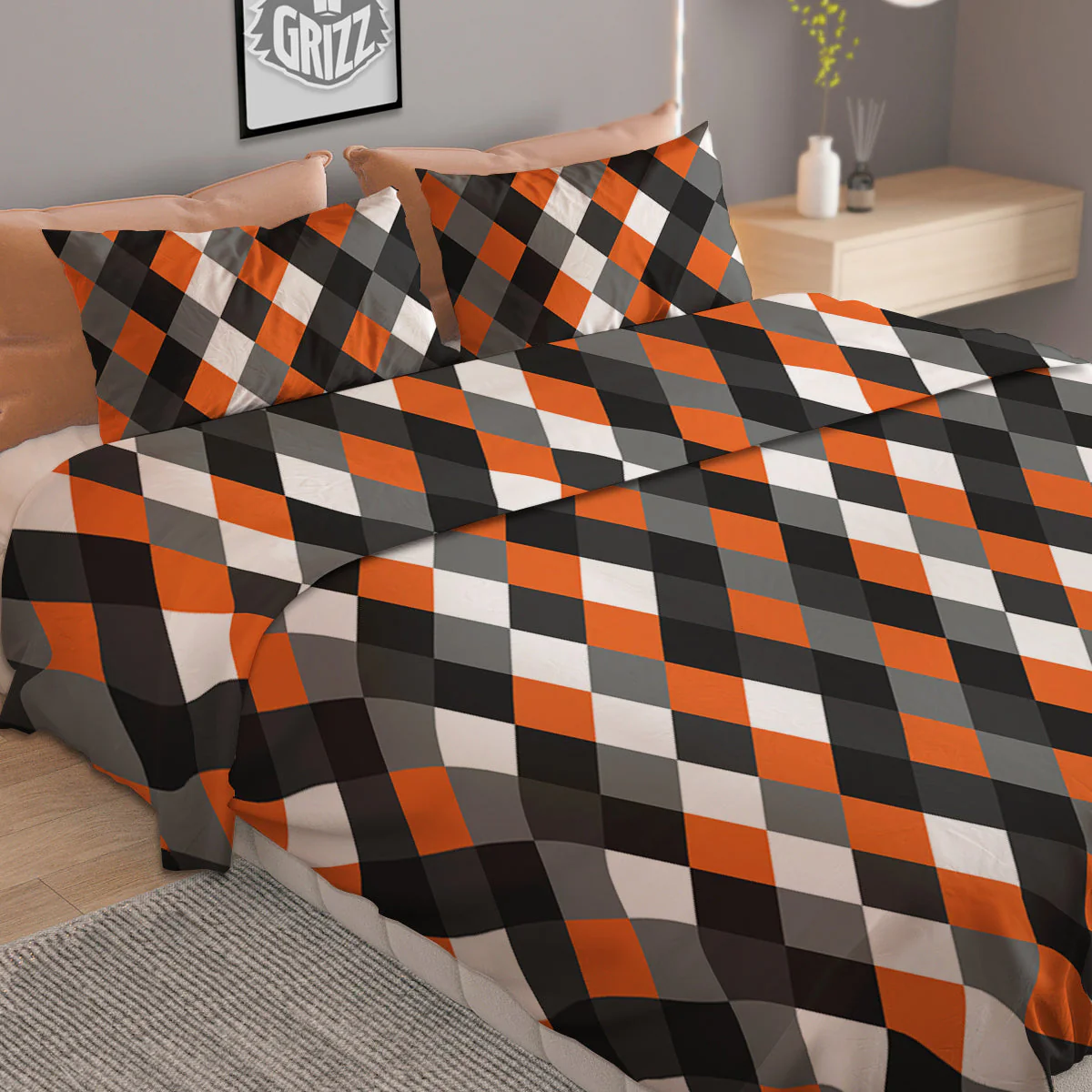 Black White And Orange Harlequin Print Pattern Duvet Cover Bedding Set - Image 2