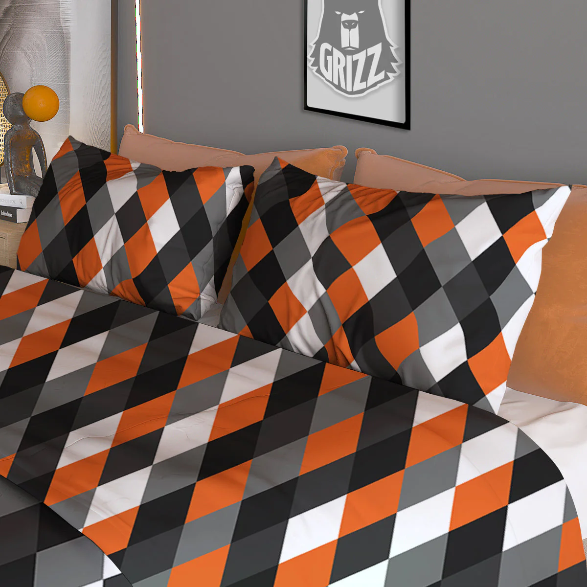 Black White And Orange Harlequin Print Pattern Duvet Cover Bedding Set - Image 3