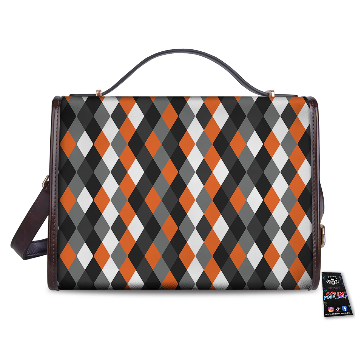 Black White And Orange Harlequin Print Pattern Women's Satchel Bag - Image 2