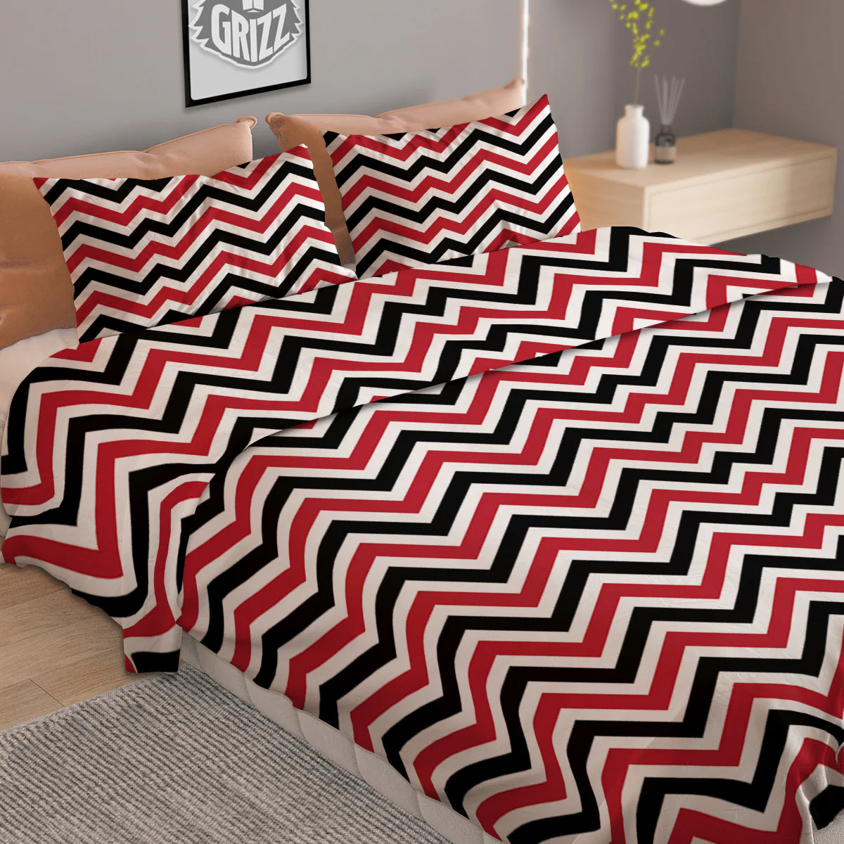 Black White And Red Chevron Print Pattern Duvet Cover Bedding Set - Image 2