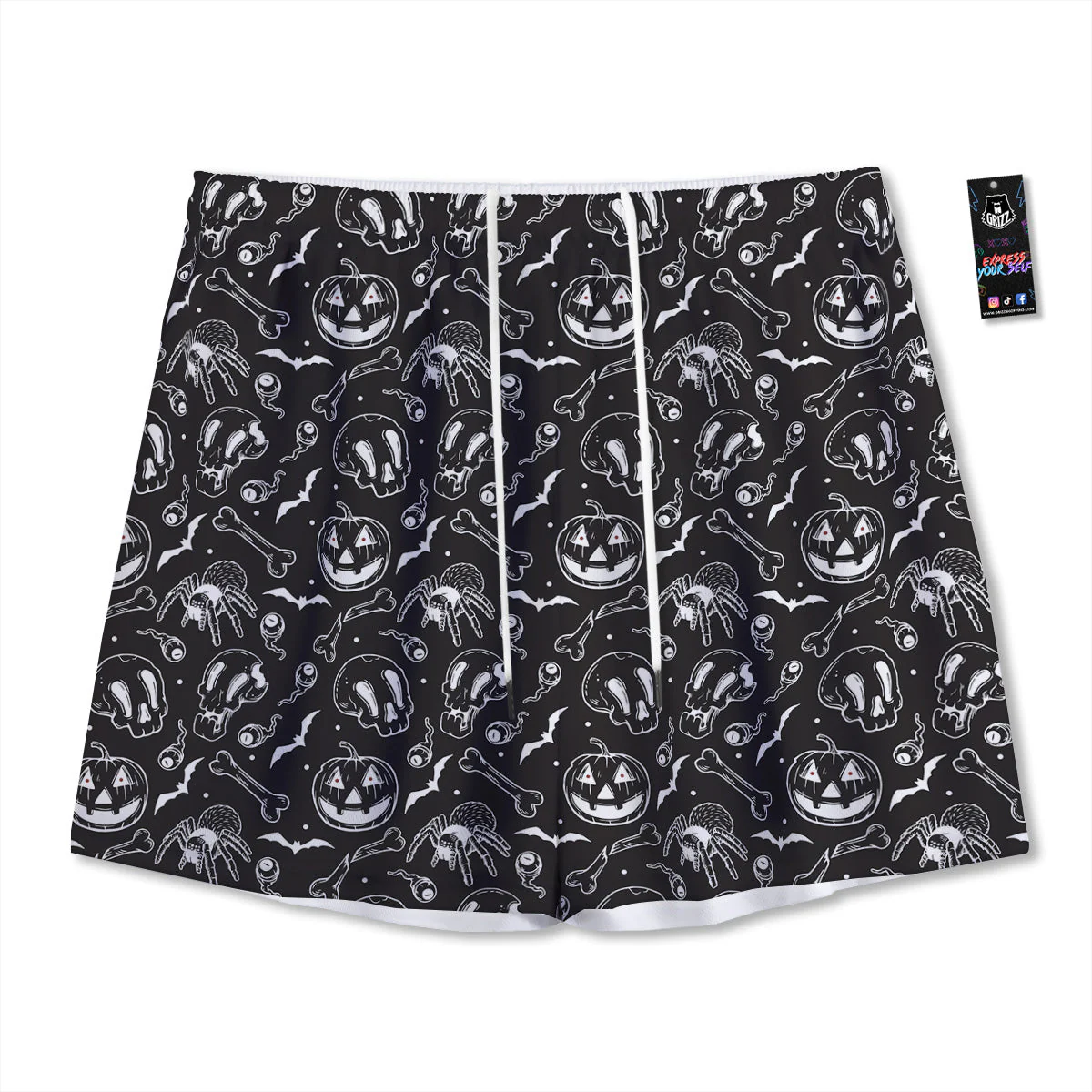 Black White Handdrawn Skull And Spider Print Pattern Mesh Shorts