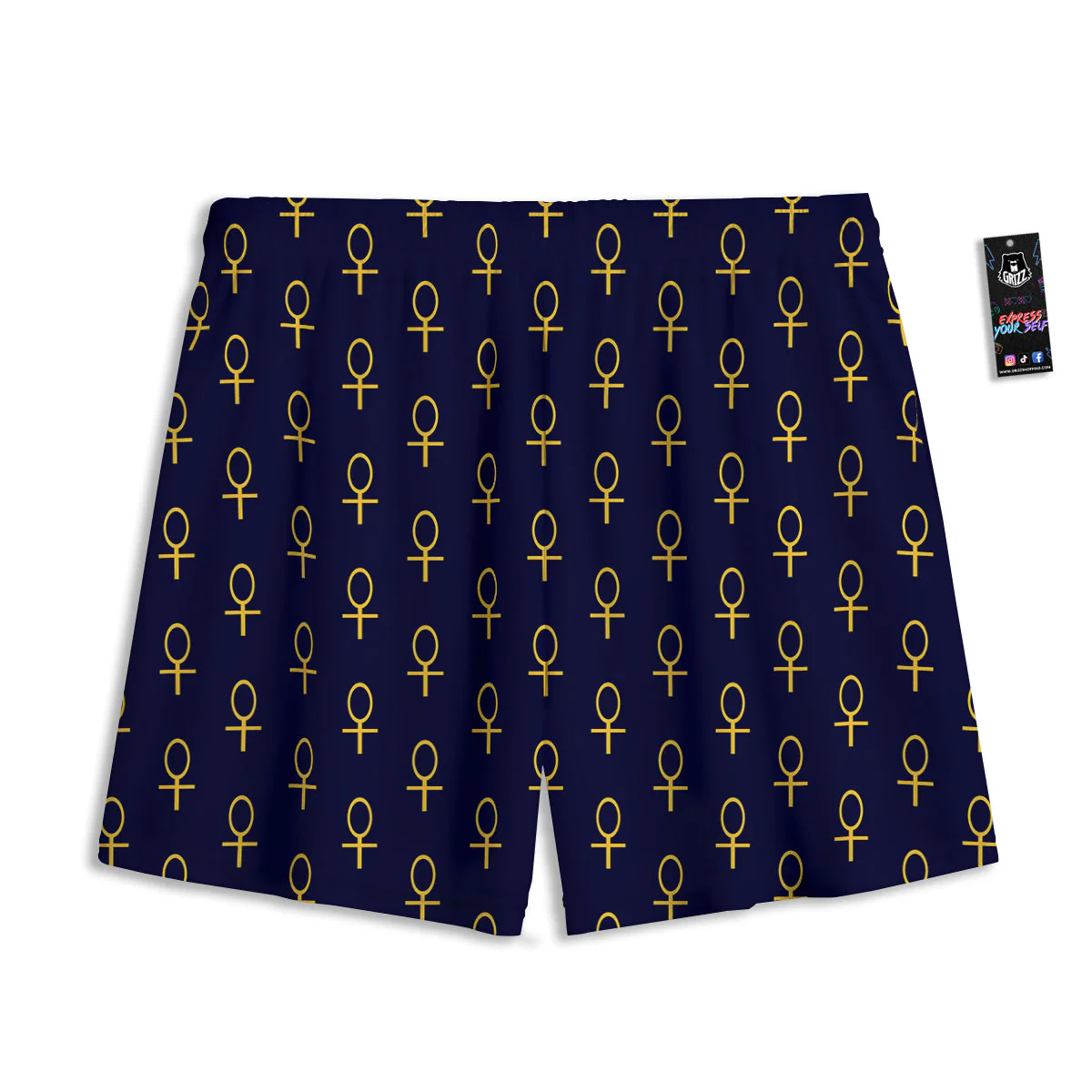 Blue And Gold Ankh Print Pattern Mesh Shorts - Image 2