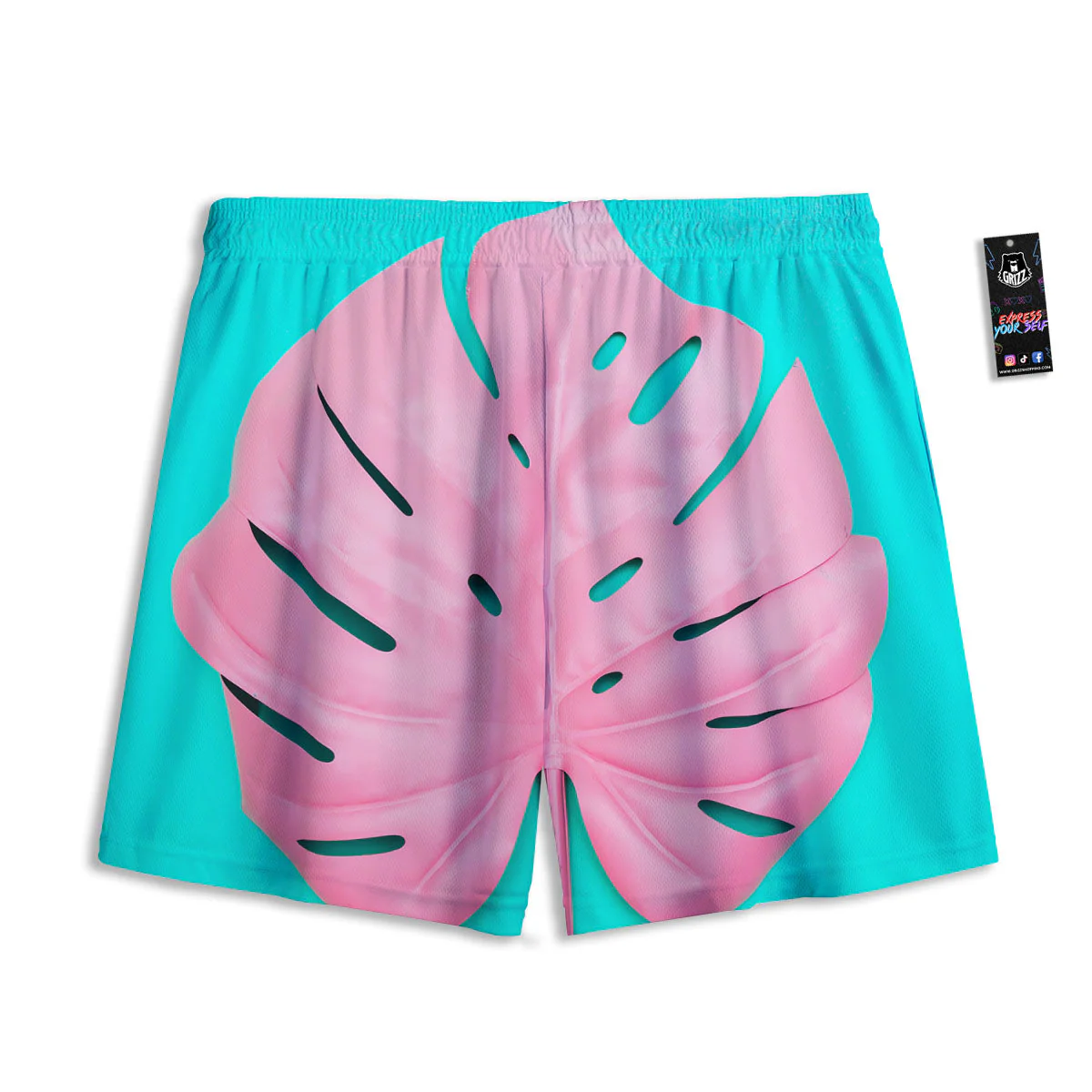 Blue And Pink Tropical Palm Leaf Print Mesh Shorts - Image 2