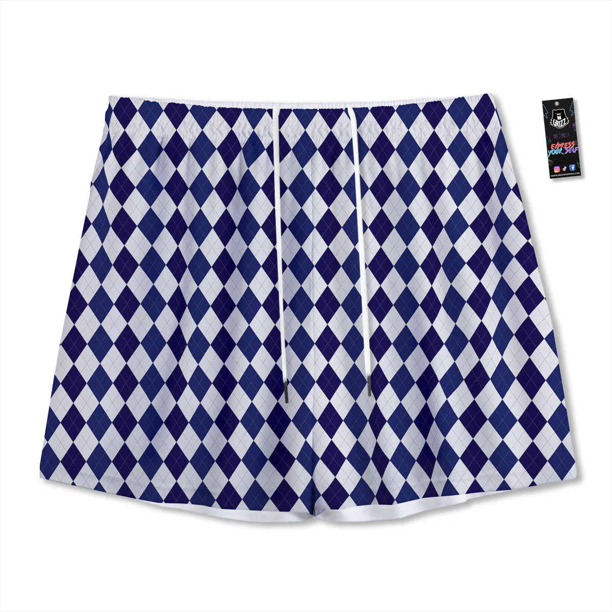 Blue And White Navy Argyle Print Pattern Mesh Shorts