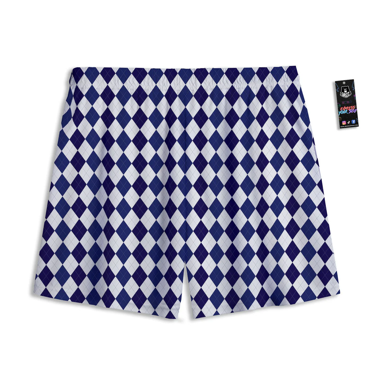 Blue And White Navy Argyle Print Pattern Mesh Shorts - Image 2