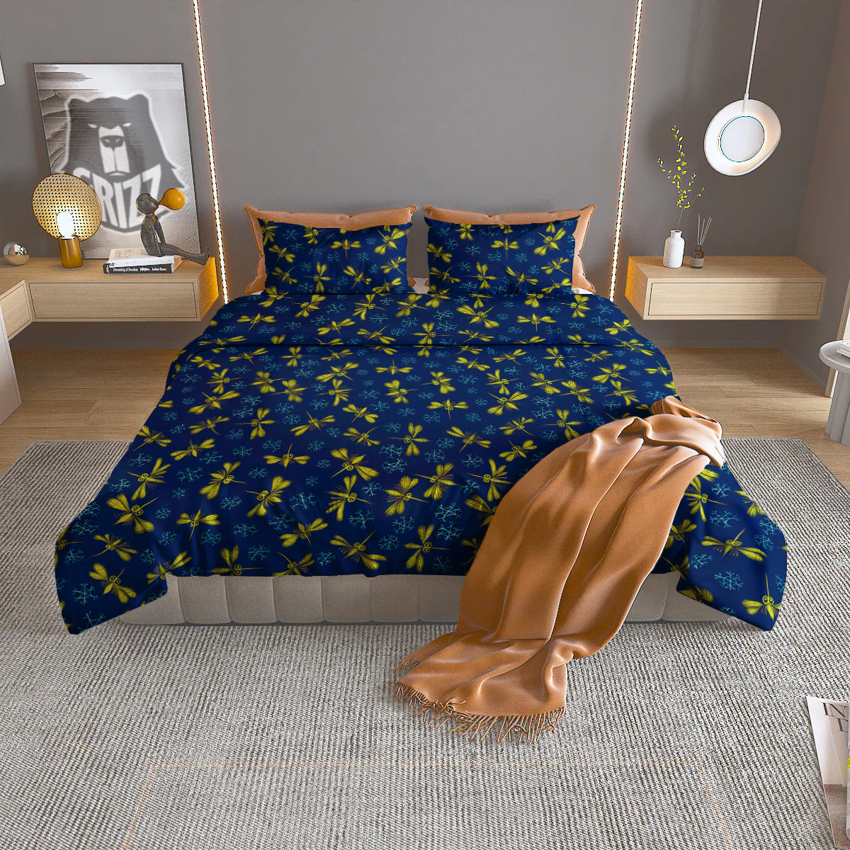 Blue And Yellow Mosquito Flying Print Pattern Duvet Cover Bedding Set