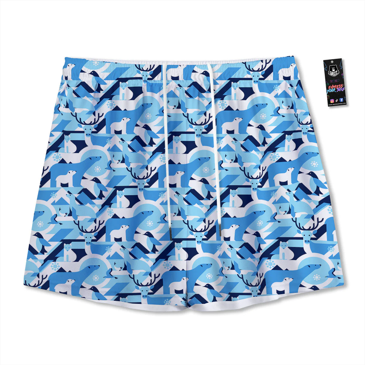 Blue Arctic Animals Print Pattern Mesh Shorts