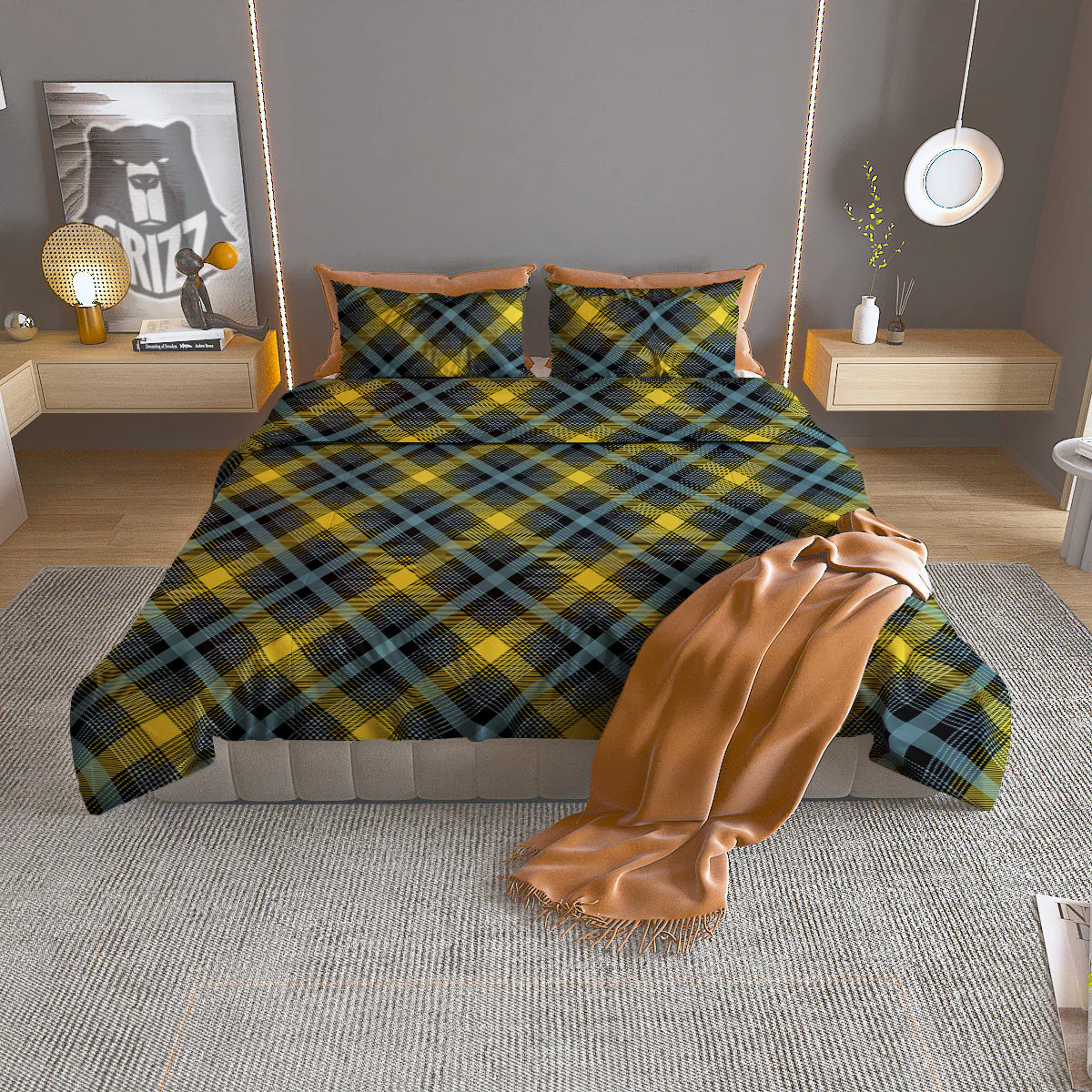 Blue Argyle And Black Yellow Print Pattern Duvet Cover Bedding Set