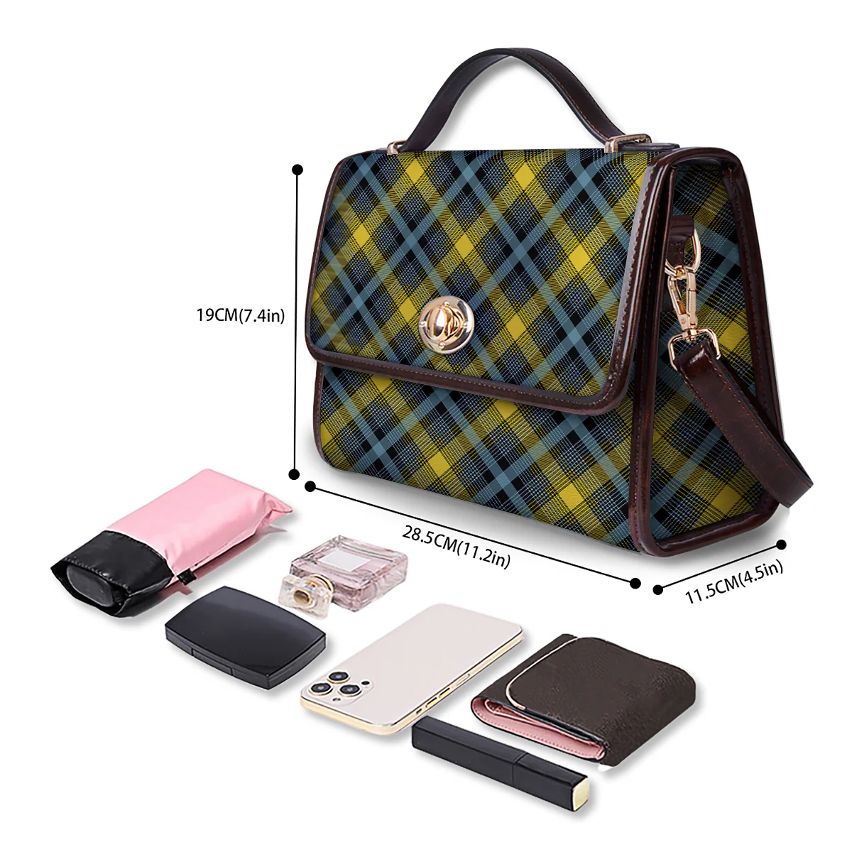 Blue Argyle And Black Yellow Print Pattern Women's Satchel Bag - Image 4