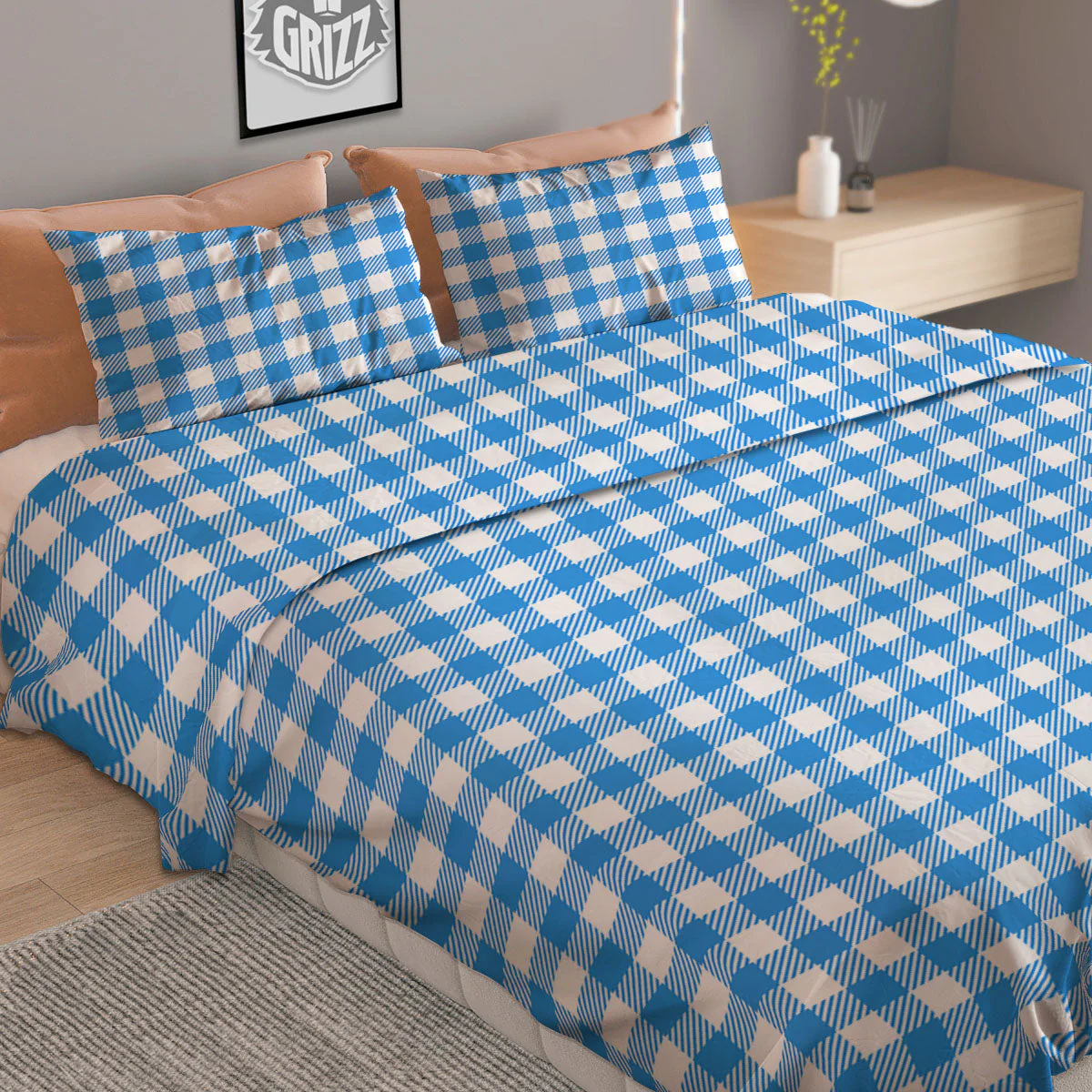 Blue Azure And White Gingham Print Duvet Cover Bedding Set - Image 2