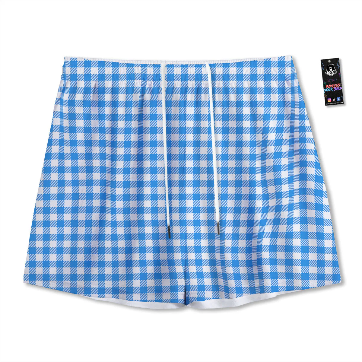 Blue Azure And White Gingham Print Mesh Shorts