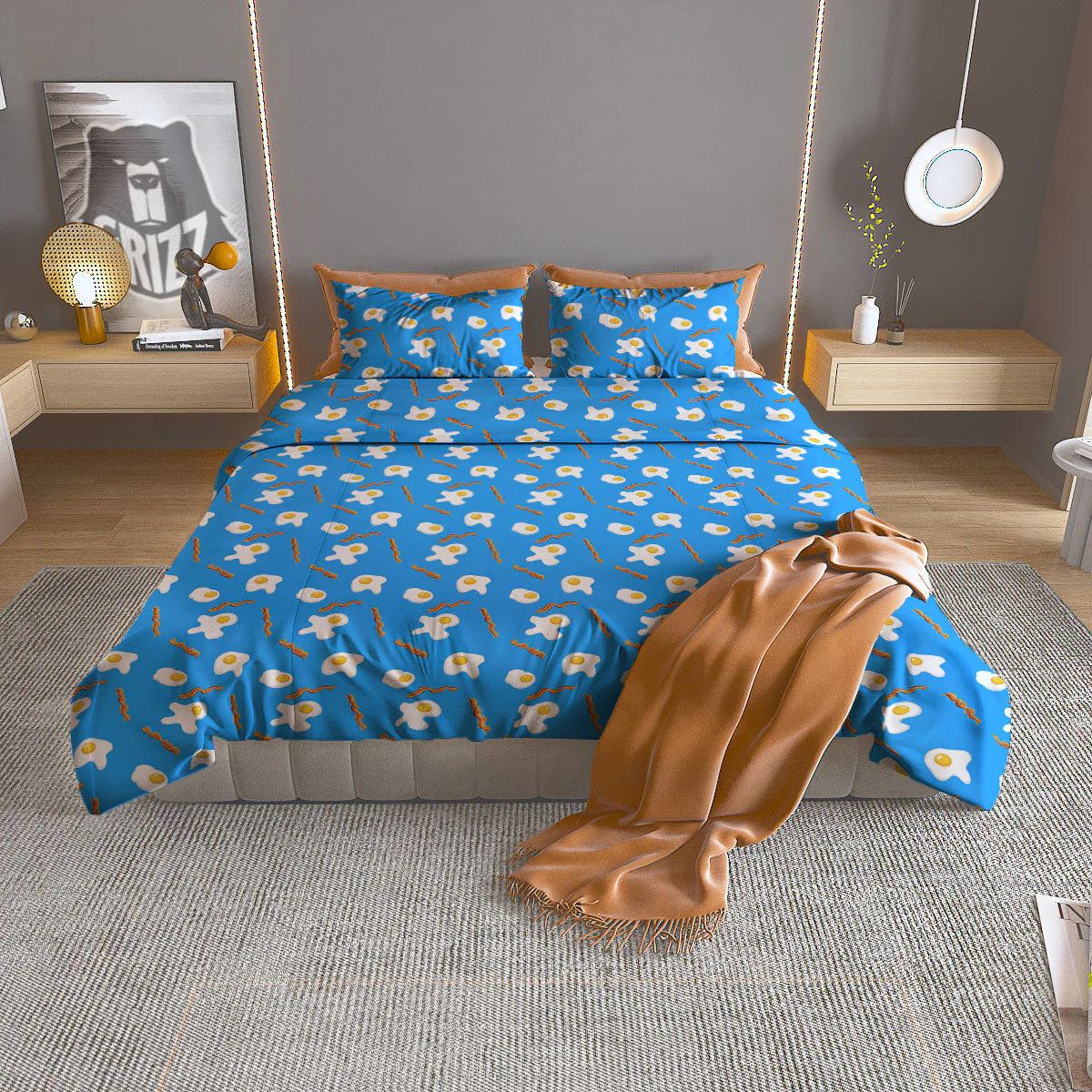 Blue Bacon And Fried Egg Print Pattern Duvet Cover Bedding Set