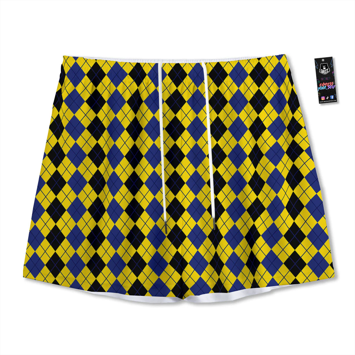 Blue Black And Yellow Argyle Print Mesh Shorts