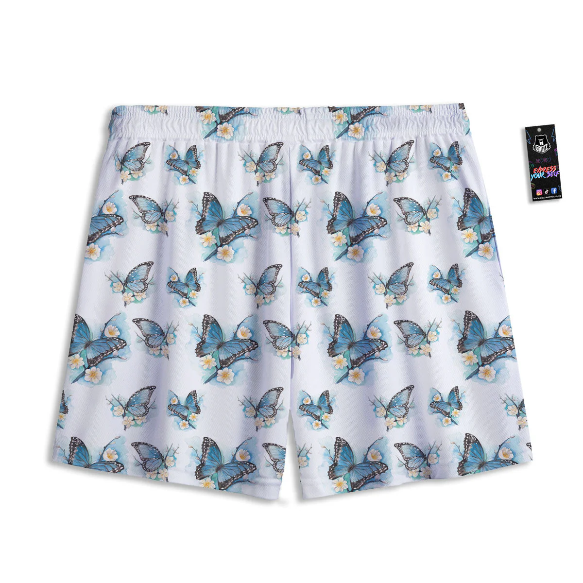 Blue Butterfly Blossom Print Pattern Mesh Shorts - Image 2