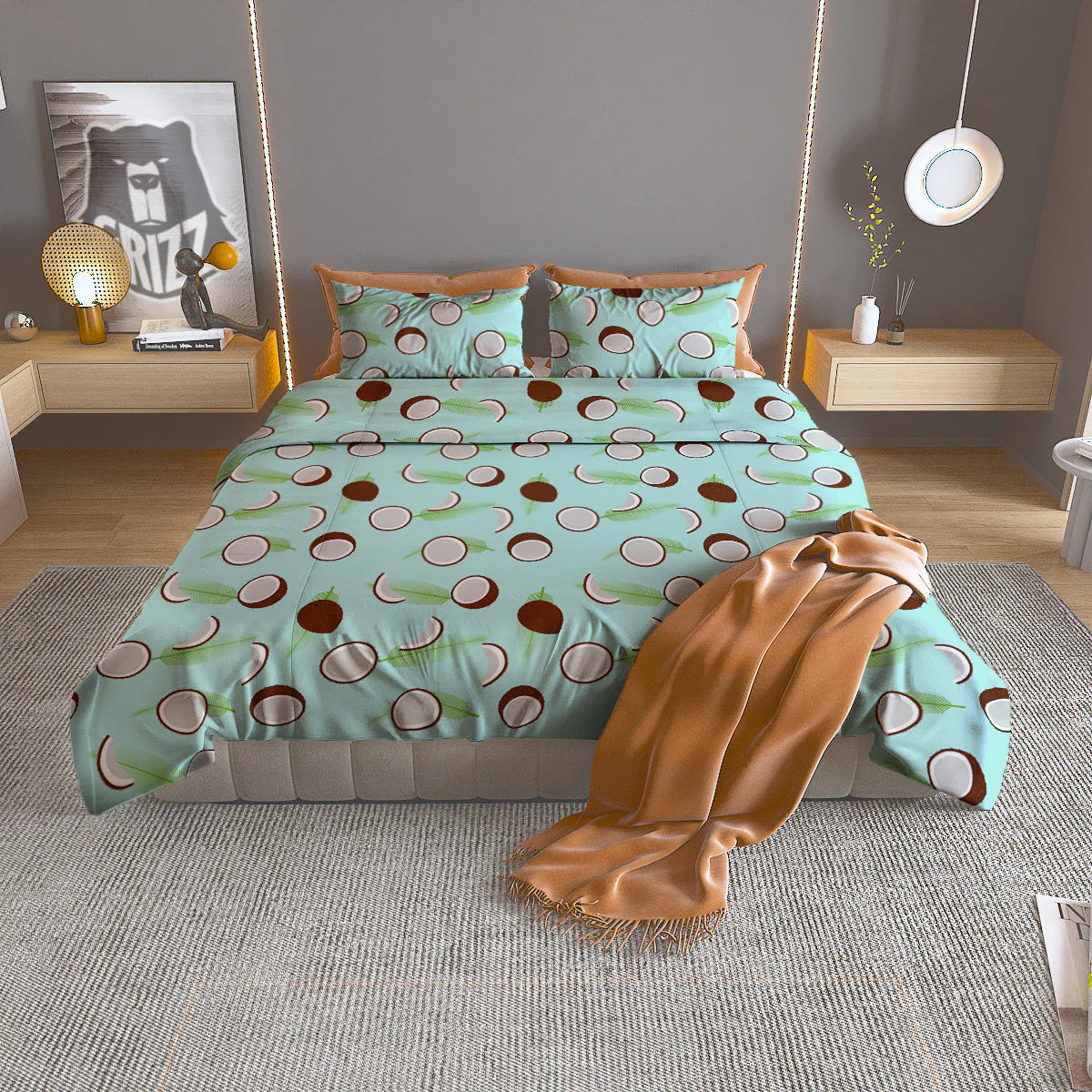Blue Coconut Print Pattern Duvet Cover Bedding Set
