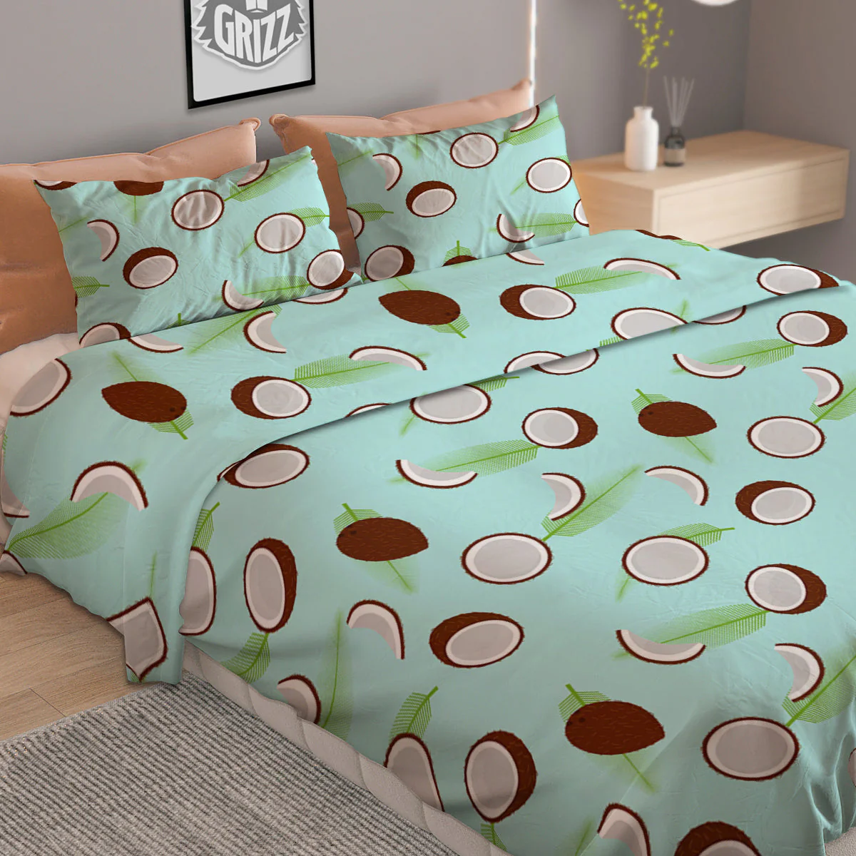 Blue Coconut Print Pattern Duvet Cover Bedding Set - Image 2
