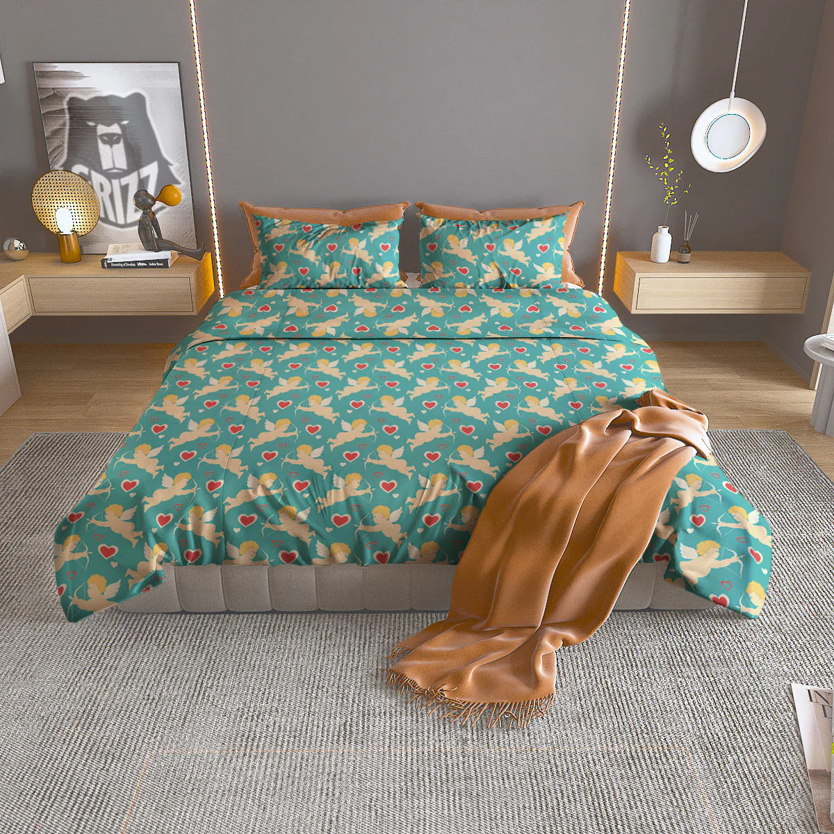 Blue Cupid And Heart Print Pattern Duvet Cover Bedding Set