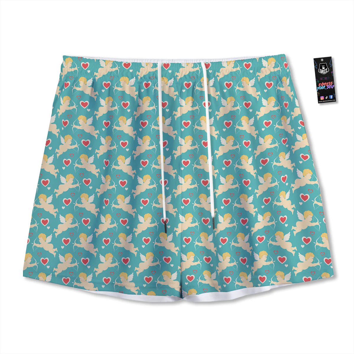 Blue Cupid And Heart Print Pattern Mesh Shorts