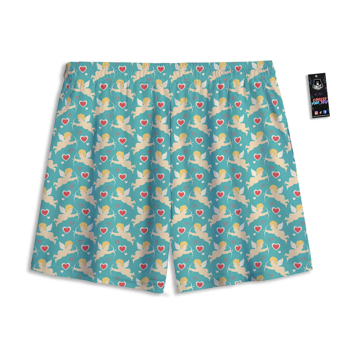 Blue Cupid And Heart Print Pattern Mesh Shorts - Image 2