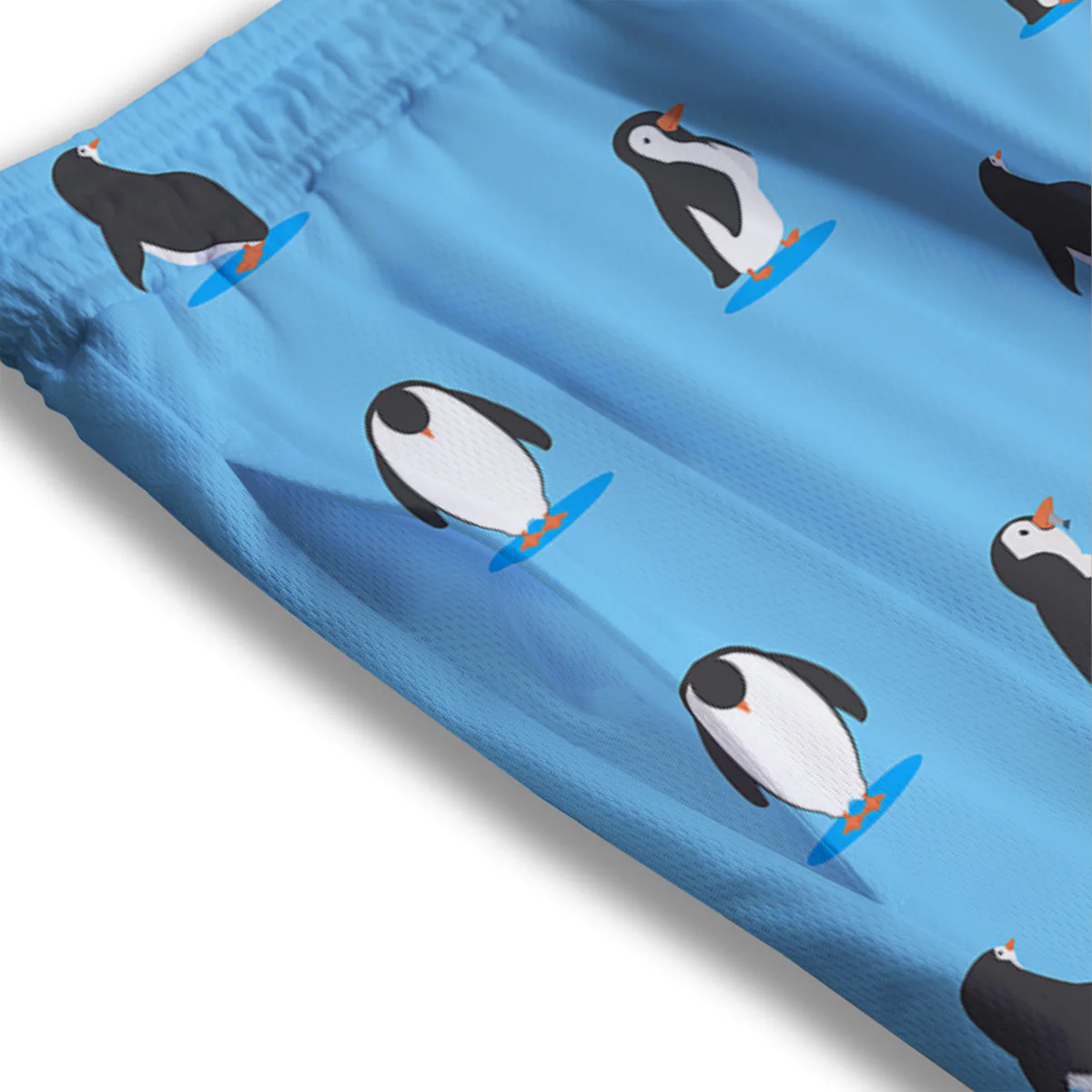 Blue Cute Penguin Print Pattern Mesh Shorts - Image 3