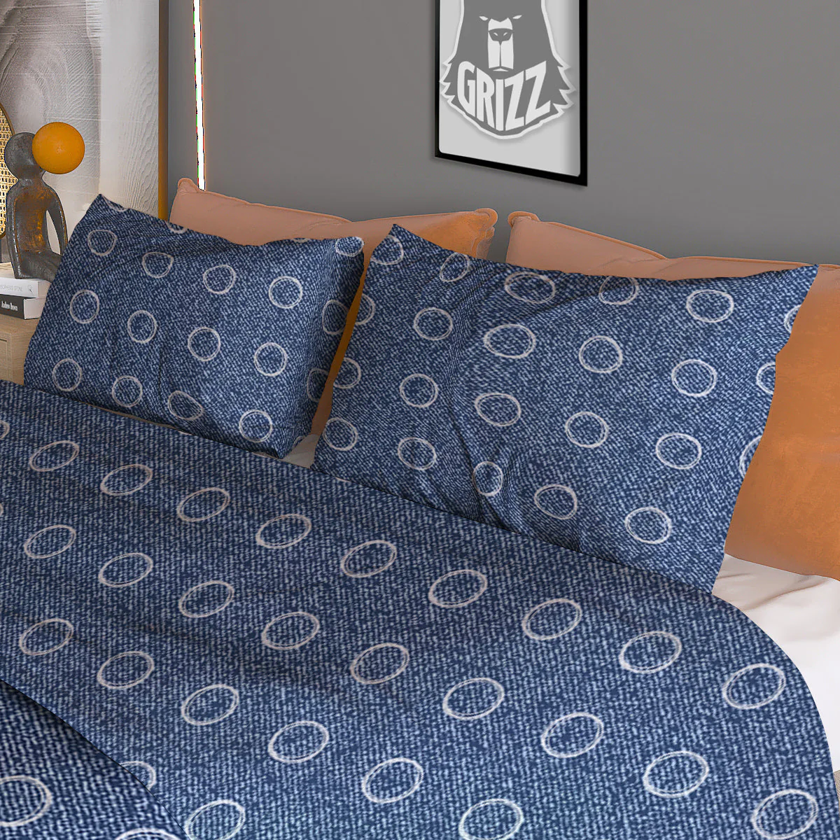 Blue Denim Jeans Polka Dot Print Pattern Duvet Cover Bedding Set - Image 3