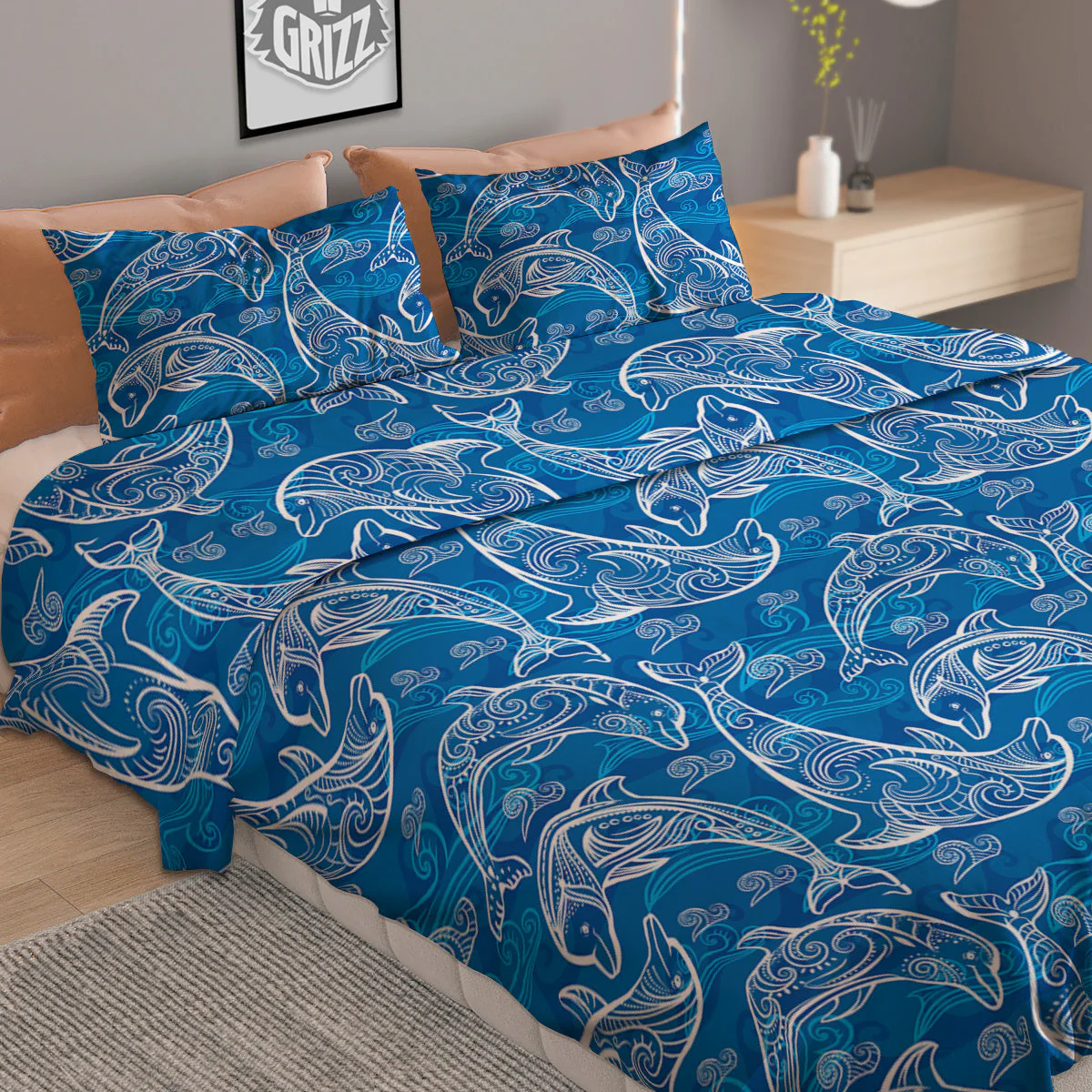 Blue Dolphins Ethnic Print Pattern Duvet Cover Bedding Set - Image 2