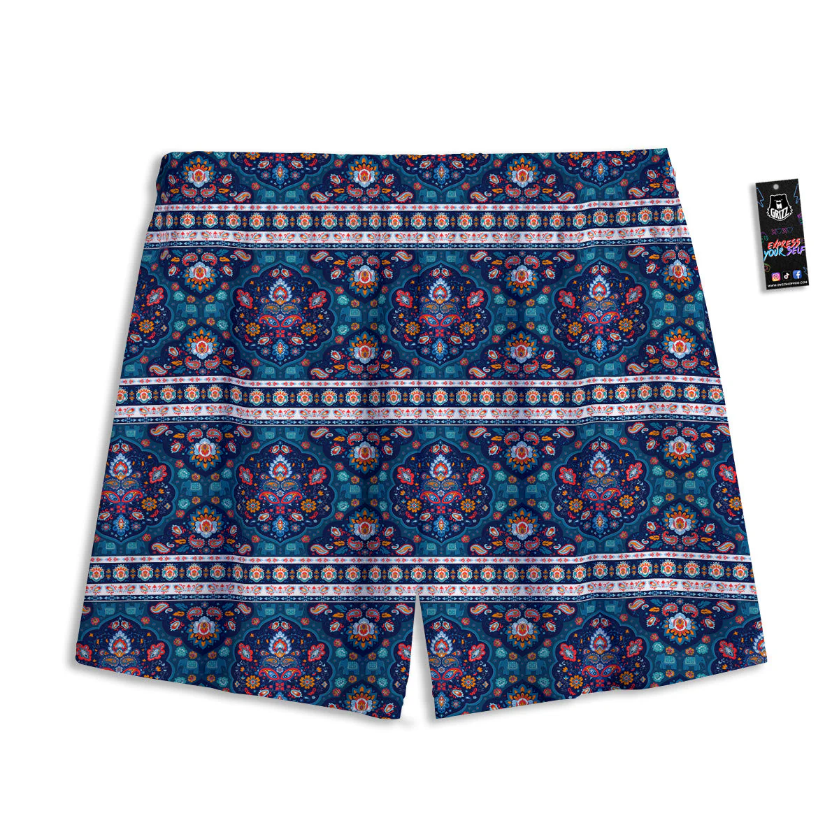 Blue Ethnic Mandala Print Pattern Mesh Shorts - Image 2