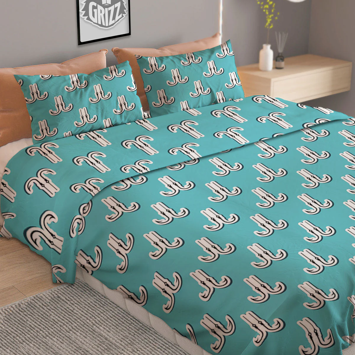 Blue Fish Hook Print Pattern Duvet Cover Bedding Set - Image 2