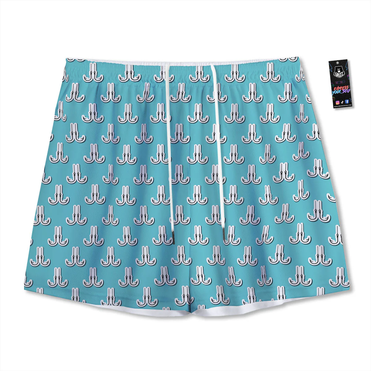 Blue Fish Hook Print Pattern Mesh Shorts