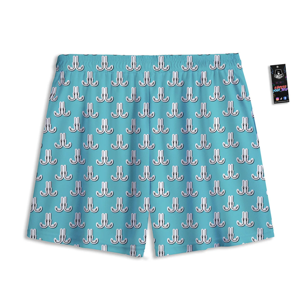 Blue Fish Hook Print Pattern Mesh Shorts - Image 2
