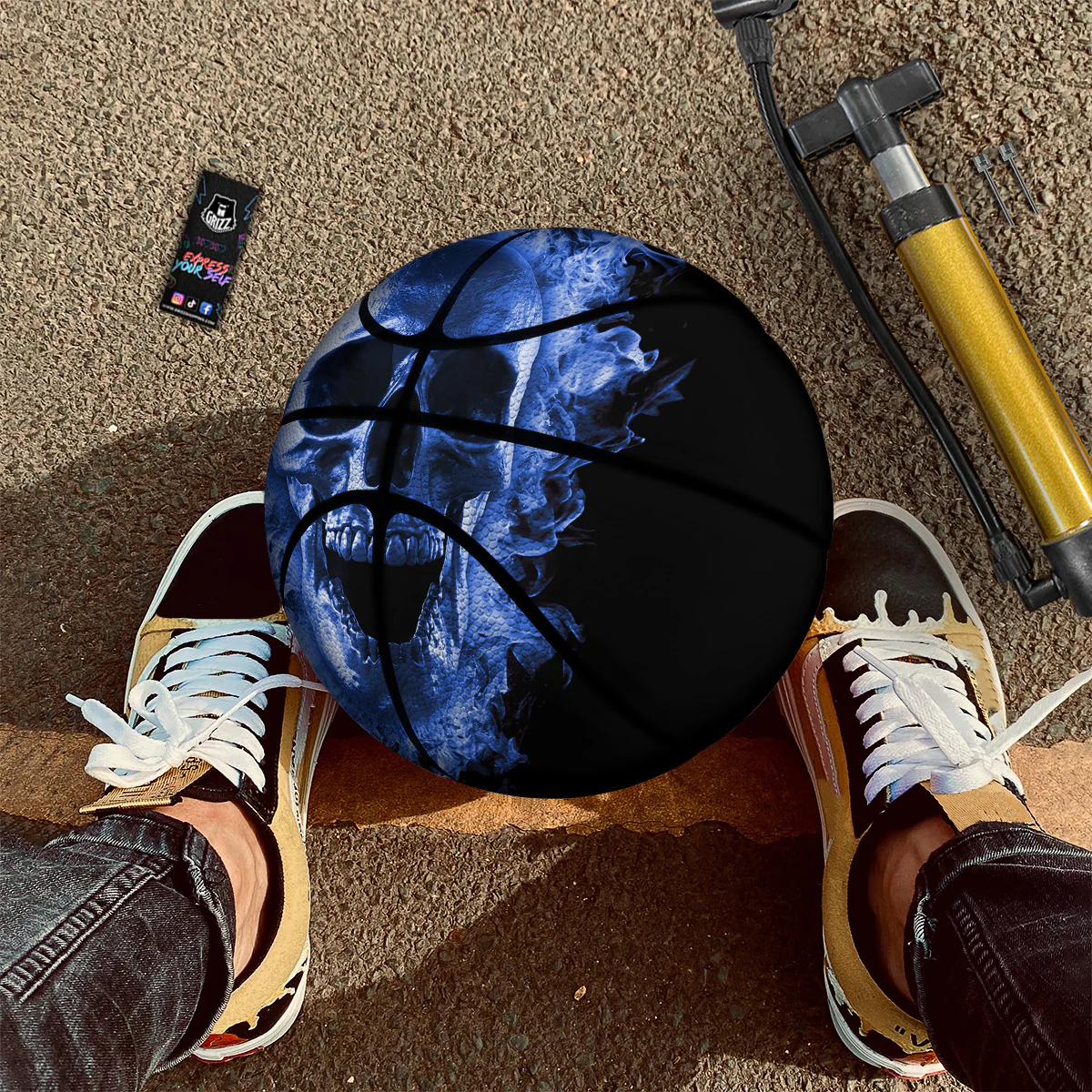 Blue Flaming Skull Print Basketball - Image 3