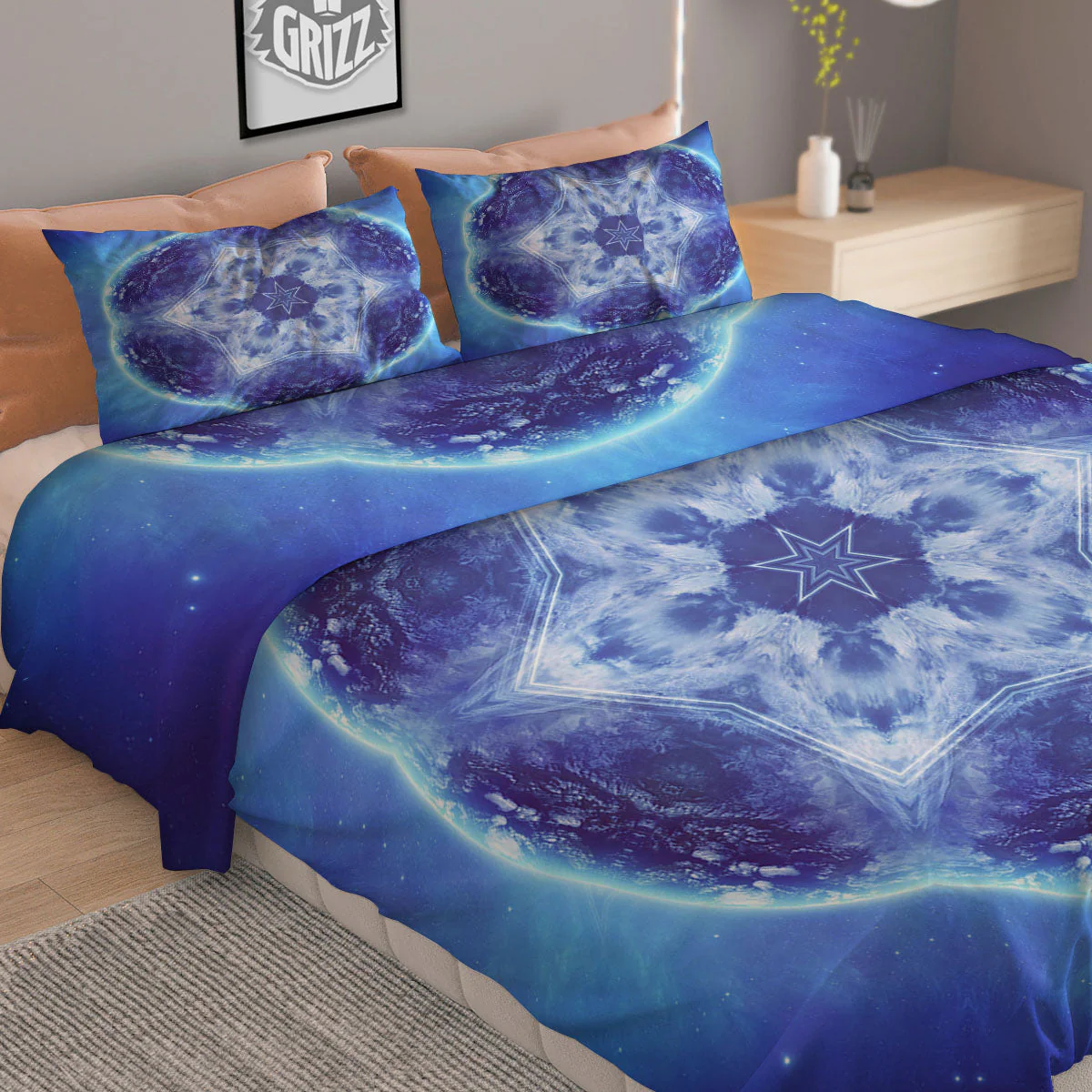 Blue Fractal Kaleidoscope Print Duvet Cover Bedding Set - Image 2