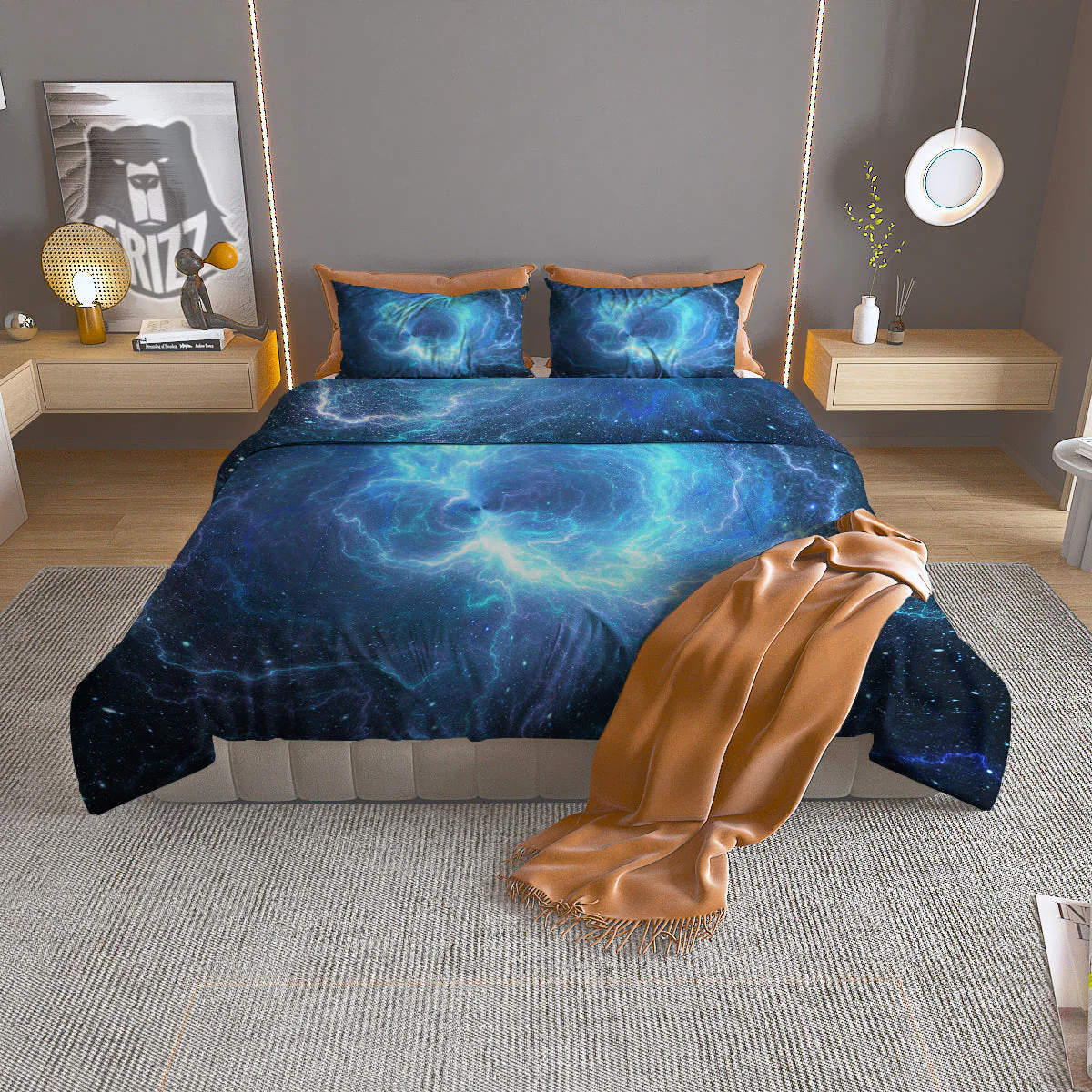 Blue Glowing Giant Lightning In Space Print Duvet Cover Bedding Set