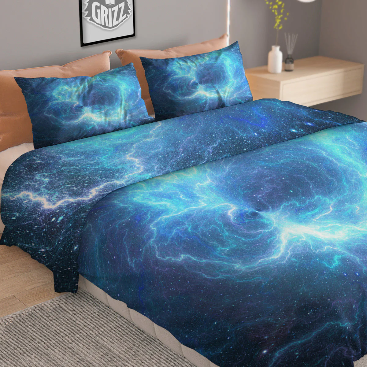Blue Glowing Giant Lightning In Space Print Duvet Cover Bedding Set - Image 2