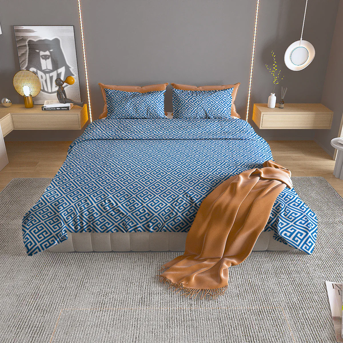 Blue Greek Key Print Pattern Duvet Cover Bedding Set