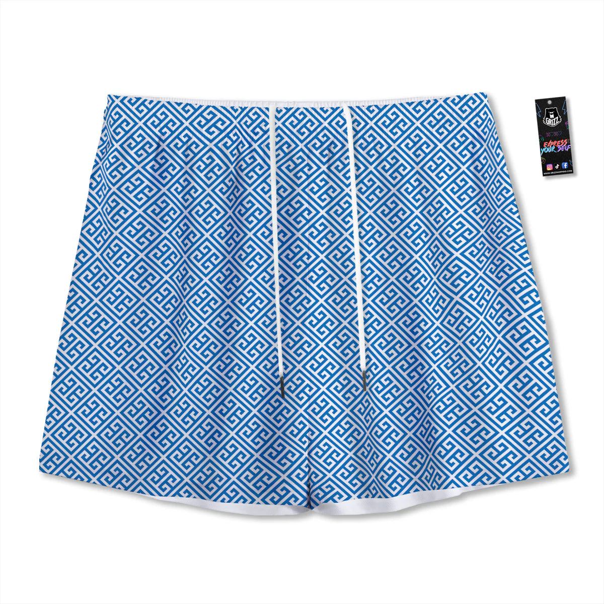 Blue Greek Key Print Pattern Mesh Shorts
