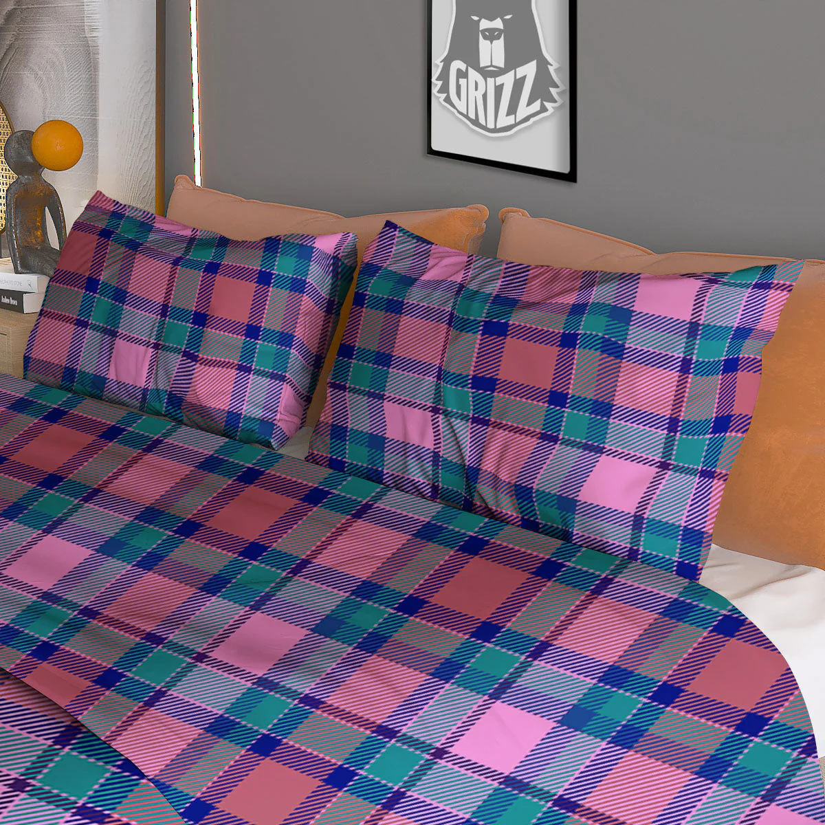 Blue Green And Pink Tartan Print Pattern Duvet Cover Bedding Set - Image 3