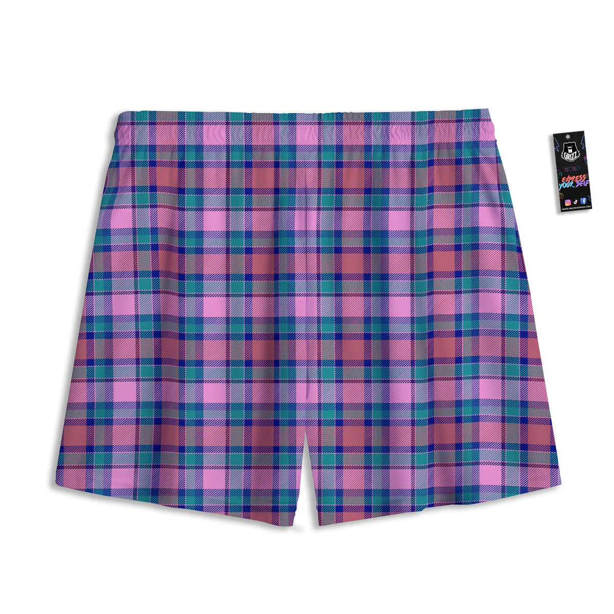 Blue Green And Pink Tartan Print Pattern Mesh Shorts - Image 2