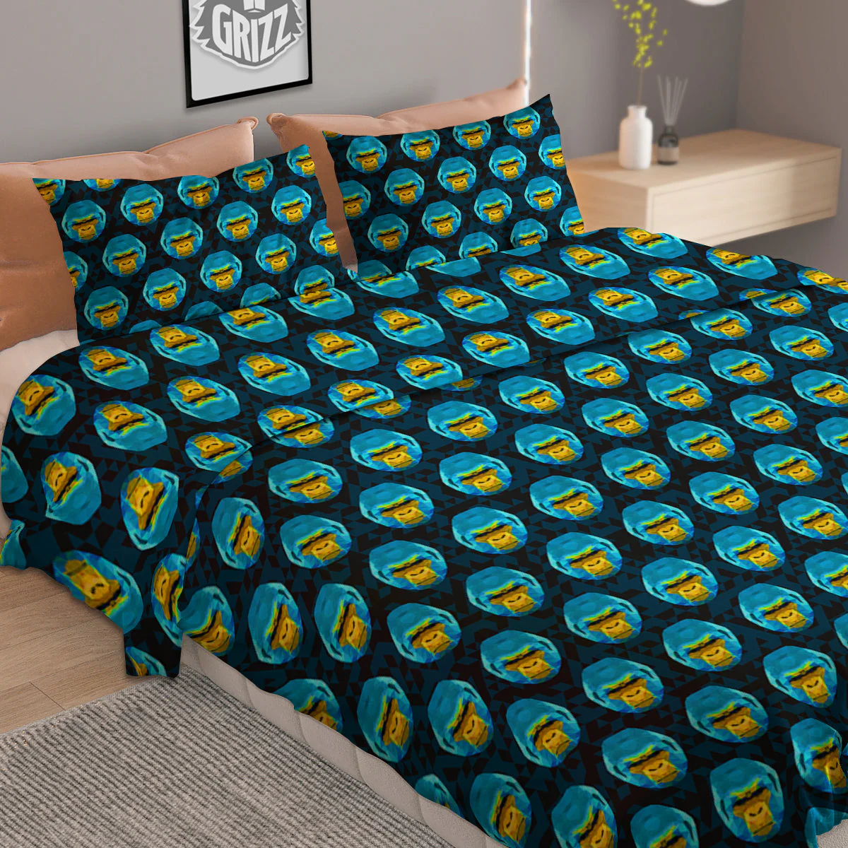 Blue Head Gorilla Geometric Triangle Print Pattern Duvet Cover Bedding Set - Image 2