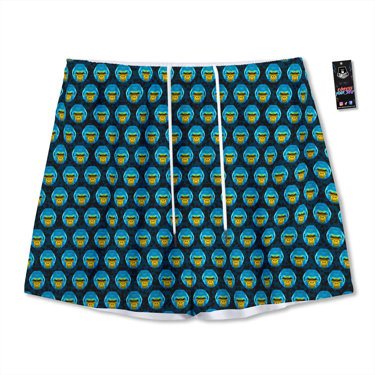 Blue Head Gorilla Geometric Triangle Print Pattern Mesh Shorts