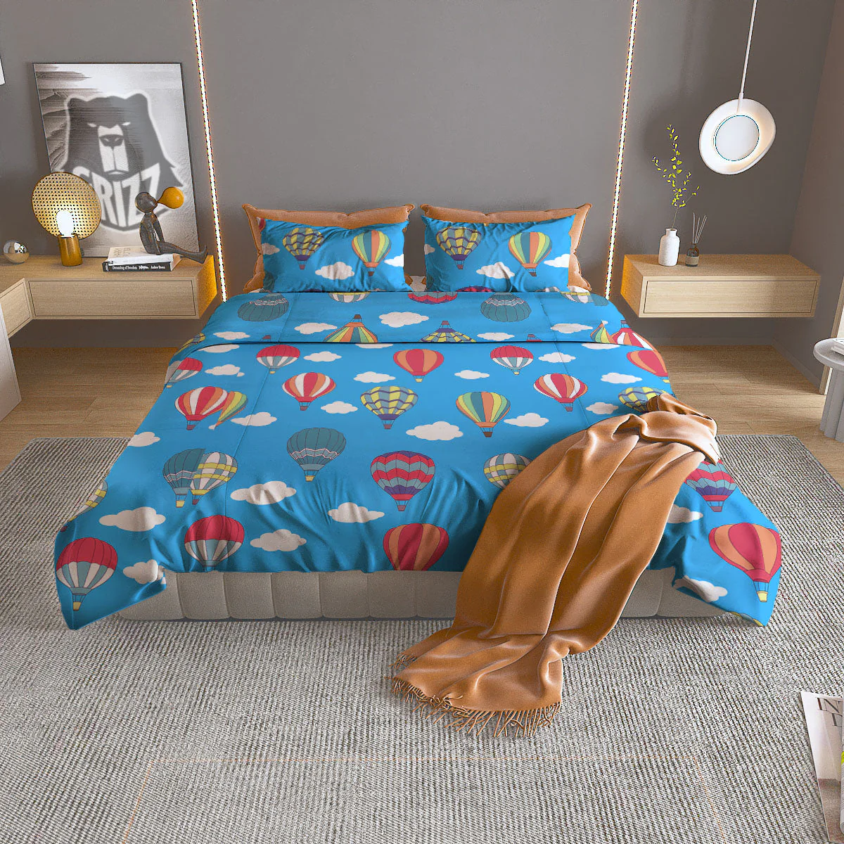 Blue Hot Air Balloon Print Pattern Duvet Cover Bedding Set