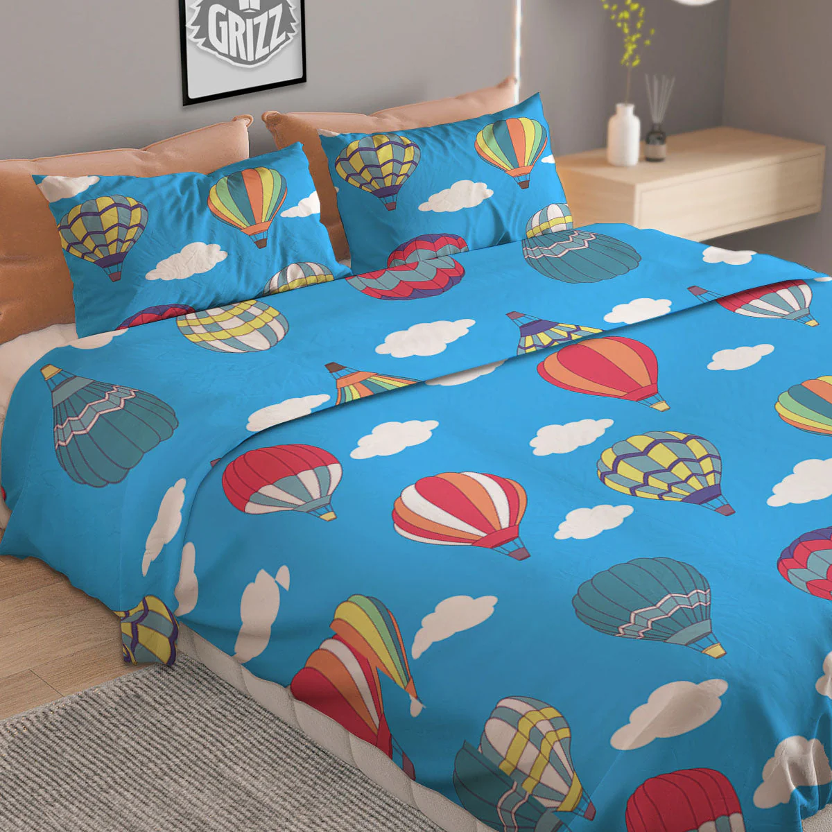 Blue Hot Air Balloon Print Pattern Duvet Cover Bedding Set - Image 2