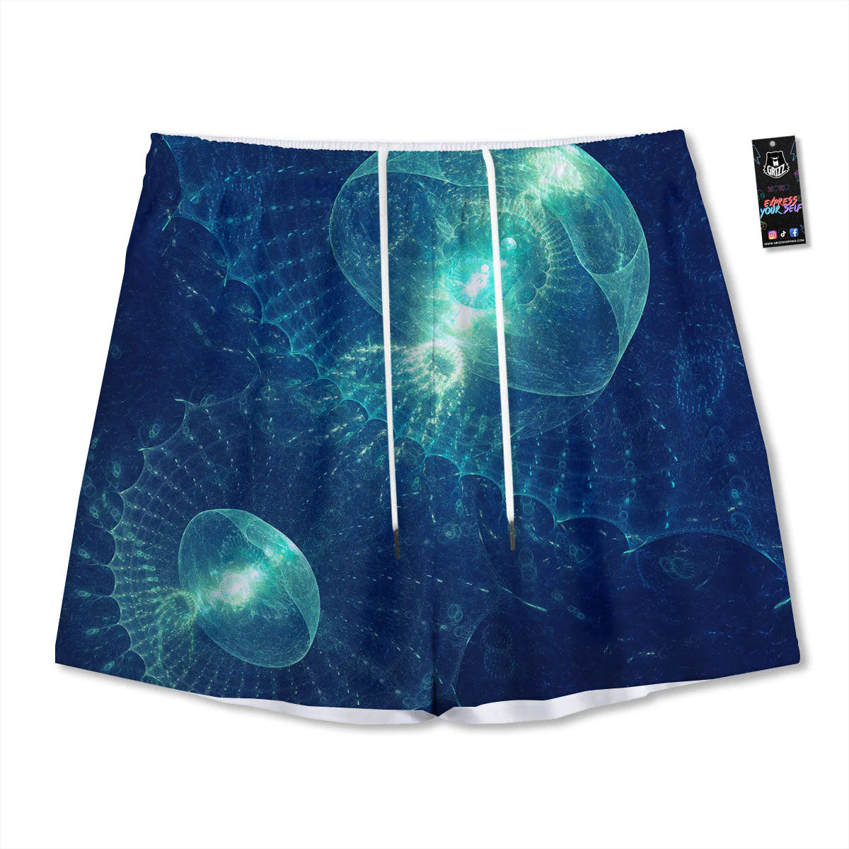 Blue Jellyfish On Deep Sea Print Mesh Shorts