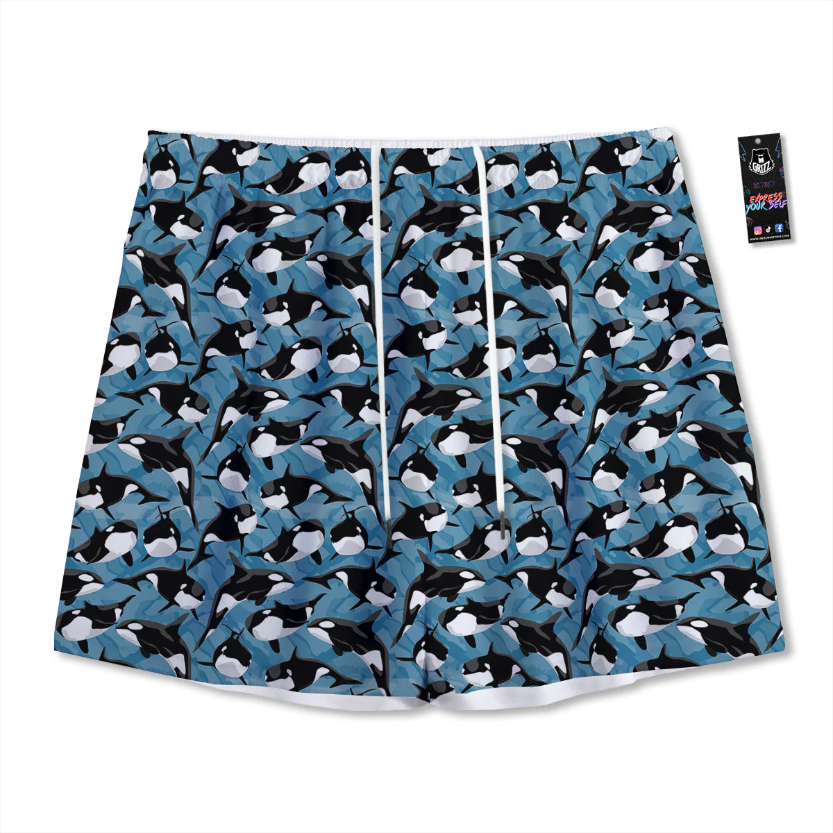 Blue Killer Whale Print Pattern Mesh Shorts