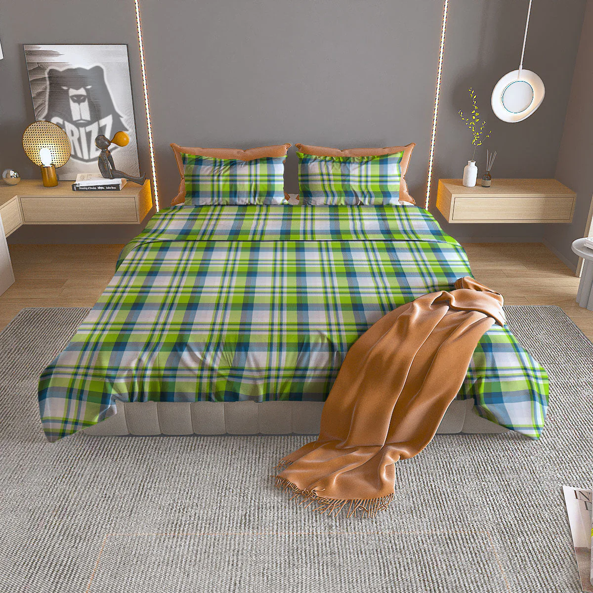 Blue Madras Plaid And Lime Print Pattern Duvet Cover Bedding Set