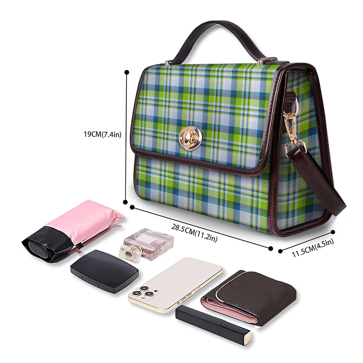 Blue Madras Plaid And Lime Print Pattern Women's Satchel Bag - Image 4