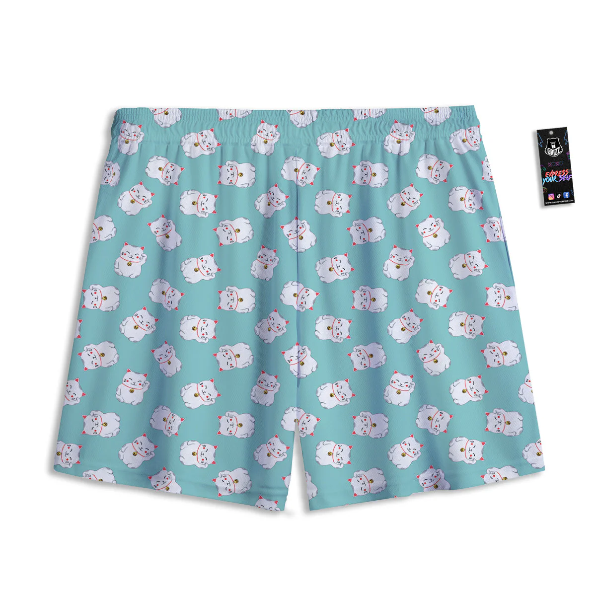 Blue Pastel Lucky Cat  Print Pattern Mesh Shorts - Image 2